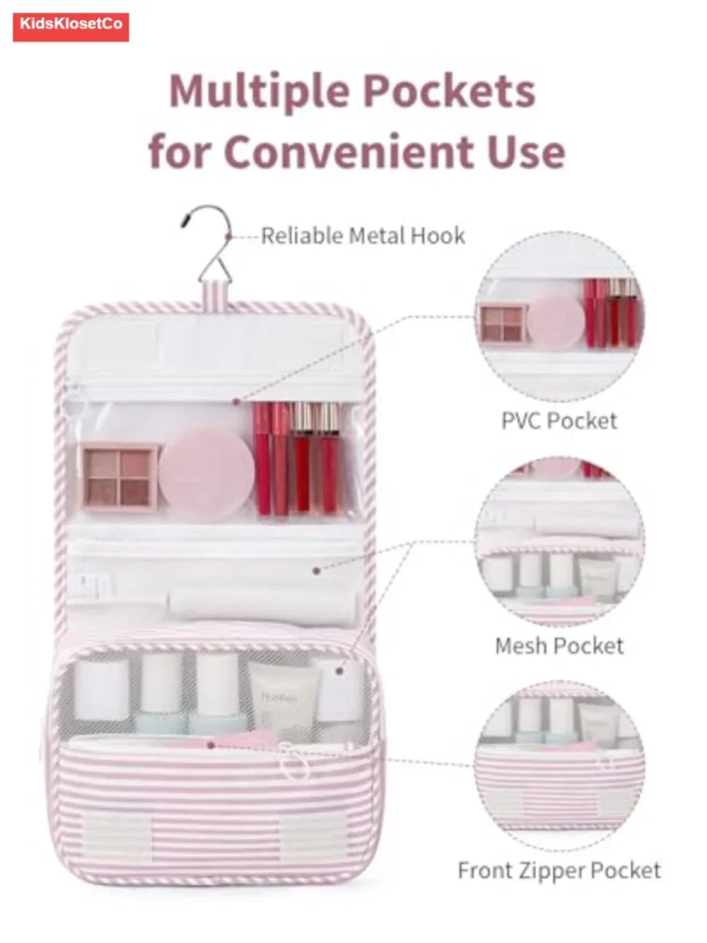 Hanging Toiletry Bag with Hook, Water-Resistant Travel Makeup Organizer,